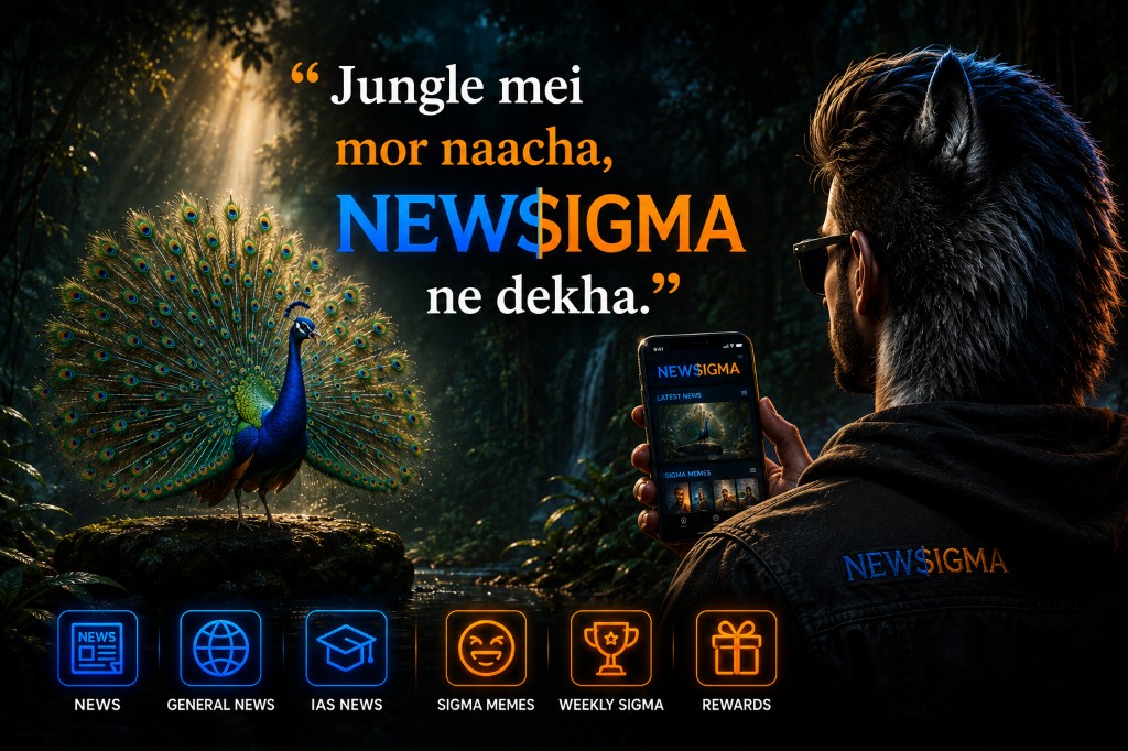 Jungle mei mor naacha, NewSigma ne dekha. A peacock in a forest while a NewSigma user watches on a phone.
